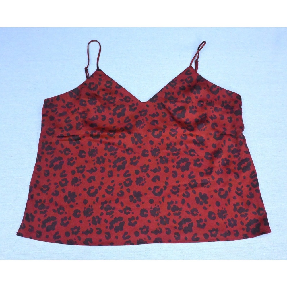 Womens Red Leopard Print L Camisole Spaghetti Strap V Neck Front Back Flowing